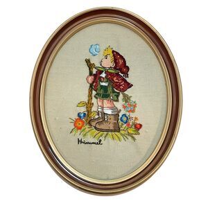 Crewel Embroidered Hummel Oval Framed Picture Boy 13” Completed Framed 10 X 13”